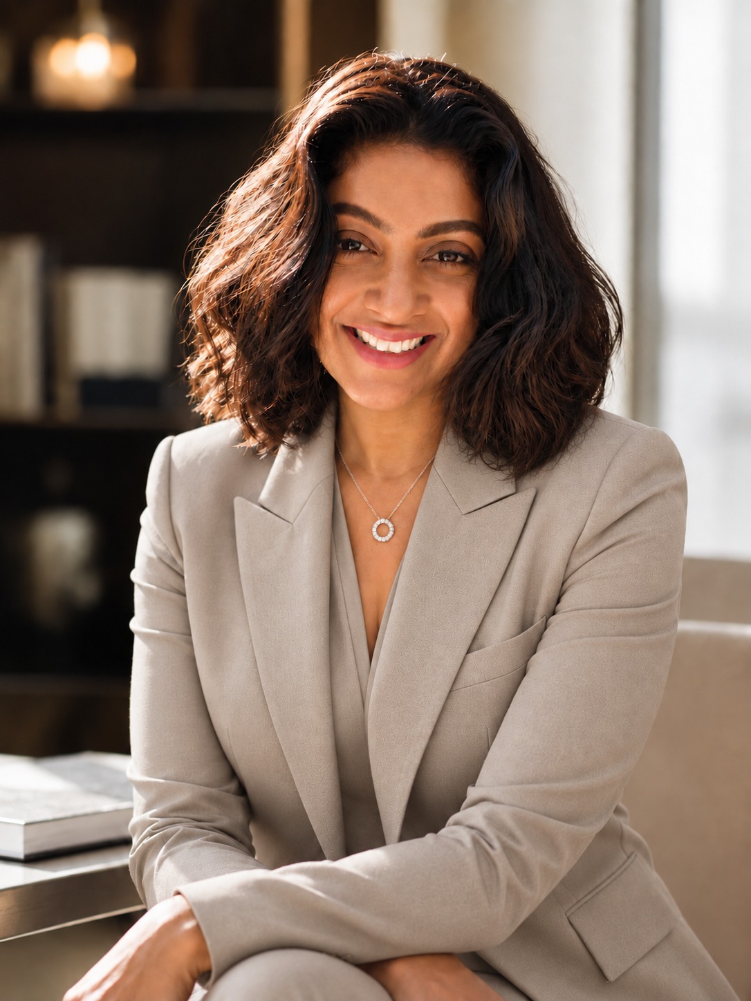 Nerissa Persaud smiling in her official author portrait, wearing a grey blazer